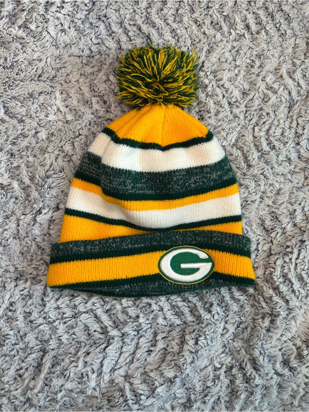 Green & Gold Striped Pom Knit Beanie with Team Patch